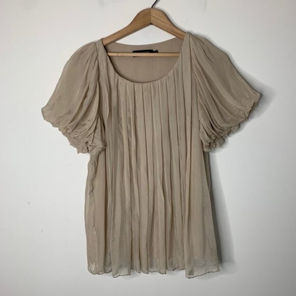 Miss Me MM Couture Silk Blouse Pleated Short Sleeve Taupe Beige Size Small - Picture 5 of 10